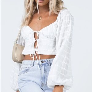 Princess Polly White Long Sleeve Tie-Front Crop Top
